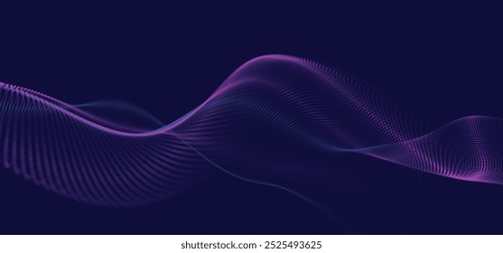 Futuristic dot wave. Abstract digital particle wave. Technological background. Colorful music wave. Dark background. Digital background with smooth wavy curves. Vector illustration.