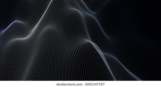 Futuristic dot wave. Abstract digital particle wave. Black and white music wave. Dark background. Digital background with smooth wavy curves. 3D vector illustration
