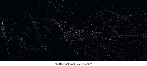 Futuristic dot wave. Abstract digital particle wave. Black and white music wave. Dark background. Digital background with smooth wavy curves. 3D vector illustration
