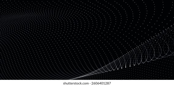 Futuristic dot wave. Abstract digital particle wave. Black and white music wave. Dark background. Digital background with smooth wavy curves. 3D vector illustration
