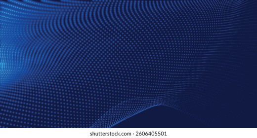 Futuristic dot wave. Abstract digital particle wave. Technology background. Colored musical wave. Dark background. Digital background with smooth, wavy curves. 3D vector illustration