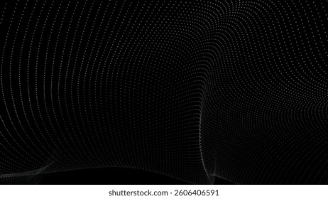 Futuristic dot wave. Abstract digital particle wave. Black and white music wave. Dark background. Digital background with smooth wavy curves. 3D vector illustration