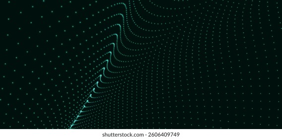 Futuristic dot wave. Abstract digital particle wave. Technology background. Colored musical wave. Dark background. Digital background with smooth, wavy curves. 3D vector illustration