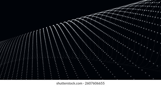 Futuristic dot wave. Abstract digital particle wave. Black and white music wave. Dark background. Digital background with smooth wavy curves. 3D vector illustration