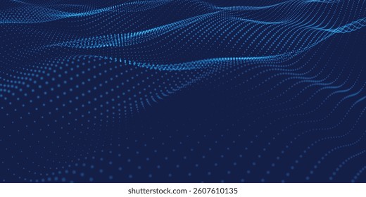 Futuristic dot wave. Abstract digital particle wave. Technology background. Colored musical wave. Dark background. Digital background with smooth, wavy curves. 3D vector illustration