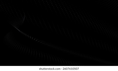 Futuristic dot wave. Abstract digital particle wave. Black and white music wave. Dark background. Digital background with smooth wavy curves. 3D vector illustration