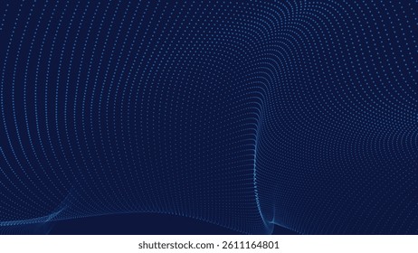 Futuristic dot wave. Abstract digital particle wave. Technology background. Colored musical wave. Dark background. Digital background with smooth, wavy curves. 3D vector illustration