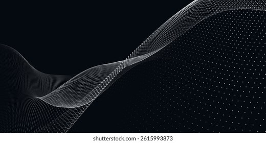 Futuristic dot wave. Abstract digital particle wave. Black and white music wave. Dark background. Digital background with smooth wavy curves. 3D vector illustration