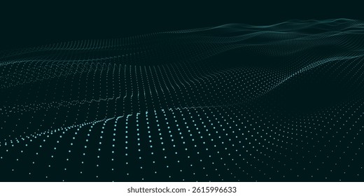 Futuristic dot wave. Abstract digital particle wave. Technology background. Colored musical wave. Dark background. Digital background with smooth, wavy curves. 3D vector illustration