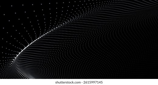 Futuristic dot wave. Abstract digital particle wave. Black and white music wave. Dark background. Digital background with smooth wavy curves. 3D vector illustration