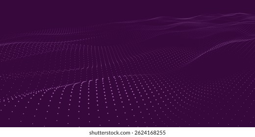 Futuristic dot wave. Abstract digital particle wave. Technology background. Colored musical wave. Dark background. Digital background with smooth, wavy curves. 3D vector illustration