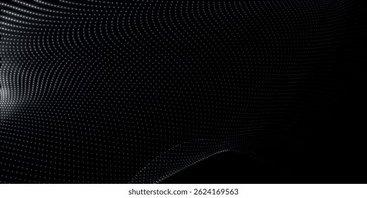 Onda de puntos futurista. Onda de partículas digitales Abstractas. Onda de música en blanco y negro. Fondo oscuro. Fondo digital con curvas onduladas suaves. Ilustración vectorial 3D