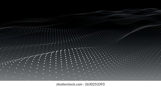 Onda futurista de pontos. Onda de partícula digital abstrata. Onda de música em preto e branco. Fundo escuro. Fundo digital com curvas onduladas suaves. Ilustração de vetor 3D