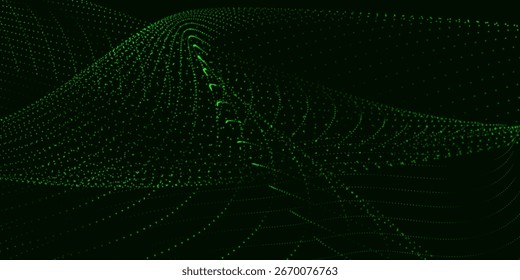 Onda de puntos futurista. Onda de partículas digitales Abstractas. Tecnología de fondo. Onda musical de colores. Fondo oscuro. Fondo digital con curvas suaves y onduladas. Ilustración vectorial 3D