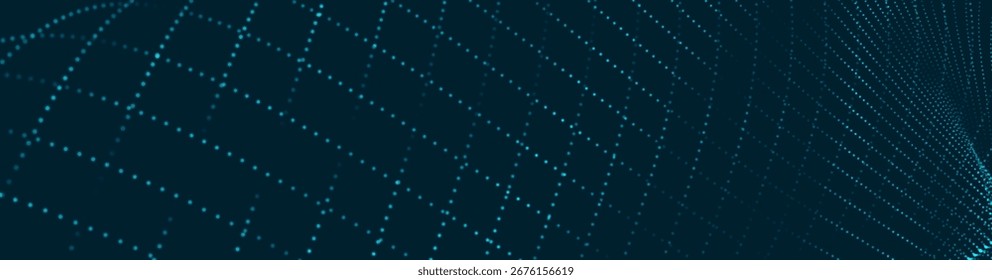 Futuristic dot wave. Abstract digital particle wave. Technology background. Colored musical wave. Dark background. Digital background with smooth, wavy curves. 3D vector illustration