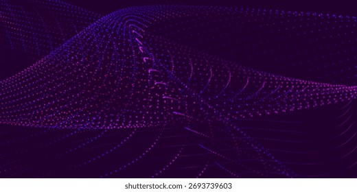 Futuristic dot wave. Abstract digital particle wave. Technology background. Colored musical wave. Dark background. Digital background with smooth, wavy curves. 3D vector illustration