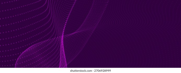 Futuristische Punktwelle. Abstrakte digitale Partikelwelle. Technologischer Hintergrund. Farbige Musikwelle. Dunkler Hintergrund. Digitaler Hintergrund mit glatten, welligen Kurven. 3D-Vektorgrafik