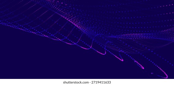 Onda futurista de pontos. Onda de partícula digital abstrata. Histórico tecnológico. Onda musical colorida. Fundo escuro. Fundo digital com curvas suaves e onduladas. Ilustração de vetor 3D
