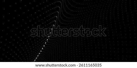 Futuristic dot wave. Abstract digital particle wave. Black and white music wave. Dark background. Digital background with smooth wavy curves. 3D vector illustration