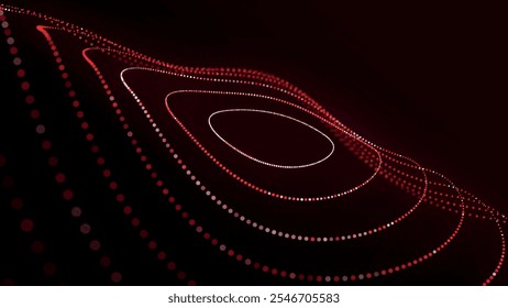 Onda de partículas circular punteada futurista. Visualización de ondas sonoras. Fondo oscuro. Anuncio de Tecnología o ciencia. Abstractas onda 3D digital colorida. Ilustración vectorial.