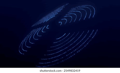 Onda de partículas circular punteada futurista. Visualización de ondas sonoras. Fondo oscuro. Anuncio de Tecnología o ciencia. Abstractas onda 3D digital colorida. Ilustración vectorial.