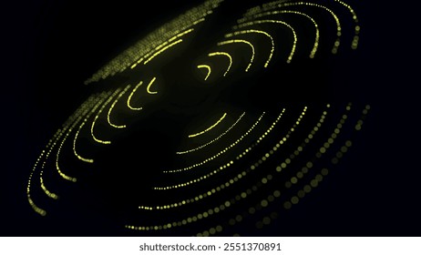 Futuristic dotted, circular particle wave. Sound waves visualization. Dark background. Technology or science banner. Abstract colorful digital 3D wave. Vector illustration.