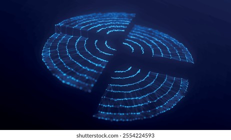 Futuristic dotted, circular particle wave. Sound waves visualization. Dark background. Technology or science banner. Abstract colorful digital 3D wave. Vector illustration.