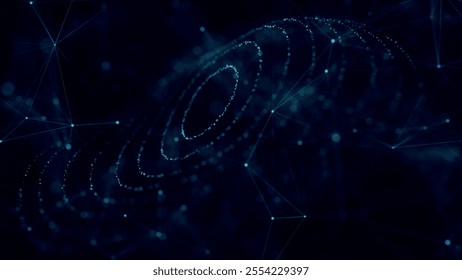 Futuristic dotted, circular particle wave. Sound waves visualization. Dark background. Technology or science banner. Abstract colorful digital 3D wave. Vector illustration.