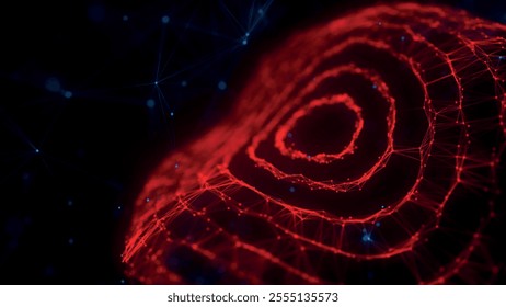 Futuristic dotted, circular particle wave. Sound waves visualization. Dark background. Technology or science banner. Abstract colorful digital 3D wave. Vector illustration.