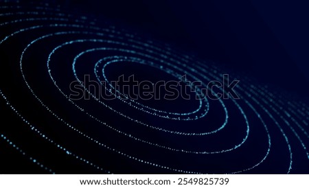 Futuristic dotted, circular particle wave. Sound waves visualization. Dark background. Technology or science banner. Abstract colorful digital 3D wave. Vector illustration.