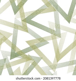 Futuristic dotwork triangles vector seamless pattern. Geometric endless background with dots texture. Gradient triangles of chevron dots seamless ornament. Wallpaper print.