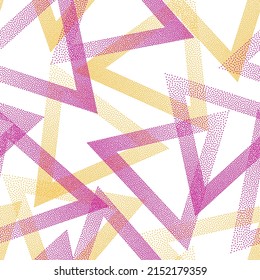 Futuristic dotwork triangles vector seamless pattern. Geometric recurring background with dots texture. Gradient triangles of halftone dots seamless ornament. Pointillism style.
