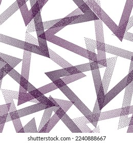 Futuristic dotwork triangles vector seamless pattern. Geometric periodic background with dots texture. Gradient triangles of chevron dots seamless ornament. Fabric print.
