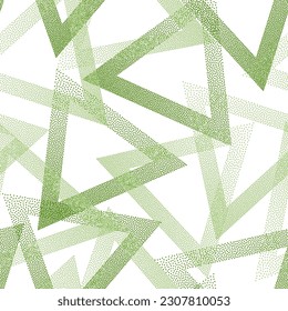 Futuristic dotwork triangles vector seamless pattern. Geometric tileable background with dots texture. Gradient triangles of chevron dots seamless ornament. Wrapping paper.