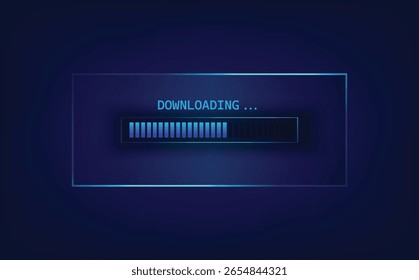 Barra de progreso de Descarga futurista e indicador de carga azul brillante para Actualizar de transferencia de datos o aplicaciones. Un elemento de interfaz de usuario moderno sobre un fondo de tecnología digital oscuro.