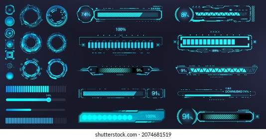 Futuristic Download Progress Bar HUD. Blue Digital Elements - Circle, Downloads Progress Bars. Neon HUD, UI, GUI Collection. Hi-tech Elements Futuristic User Interface. UI Loading Lines. Vector Set	
