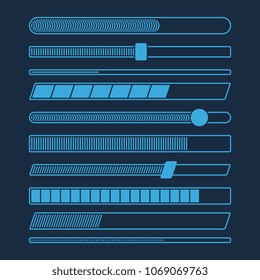 Futuristic download progress loading bar vector set isolated. Progress web interface, collection of upload and downloading process illustration