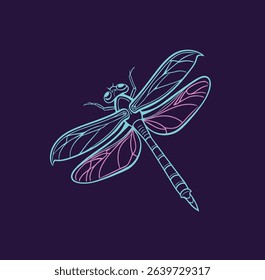 Futuristic dragonfly glowing in neon blue and purple tones on a dark background, ideal for sci-fi themes, modern digital artworks, and high-tech concepts
