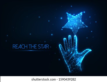 Futuristic dream concept with glowing low polygonal human hand reaching the star isolated on dark blue background. Modern wire frame mesh design vector illustration.