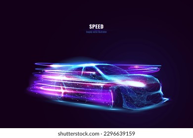 Futuristic drift car in motion with neon fast lines and abstract smoke. High speed concept in technological blue purple colors. Sport car is made of polygons, lines and connected dots. Digital auto.