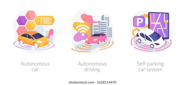 Automóviles futuristas sin conductor. Software digital para vehículos inteligentes. Automóvil autónomo, conducción autónoma, metáforas del sistema de auto estacionamiento. Ilustraciones de metáforas conceptuales aisladas por vectores