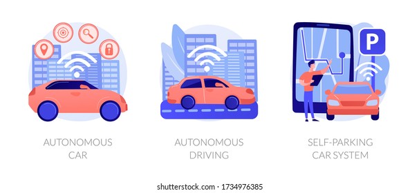 Futuristic driverless automobiles. Smart vehicles digital software. Autonomous car, autonomous driving, self-parking car system metaphors. Vector isolated concept metaphor illustrations