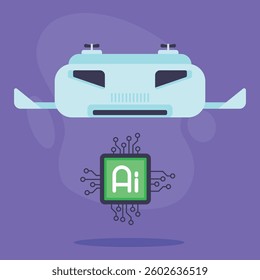 Futuristic drone hovering in air alongside AI chip, symbolizing integration of advanced technology in aerial devices. Innovation and modern tech concept