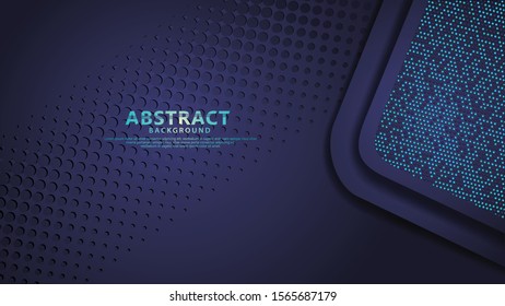 Futuristic and dynamic dark blue overlap layers background with glitters effect. Realistic dots on textured dark background