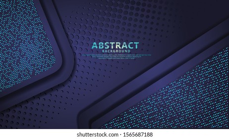 Futuristic and dynamic dark blue overlap layers background with glitters effect. Realistic dots on textured dark background