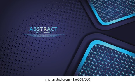 Futuristic and dynamic dark blue overlap layers background with glitters effect. Realistic dots on textured dark background
