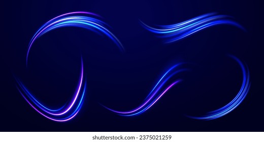 Tecnología de movimiento dinámico futurista. Fondo vectorial de efecto de líneas brillantes azules. Círculo vectorial brillante. Ola futurista flash, espiral de neón. Giro violeta de onda de resplandor, líneas de cable de impulso. 