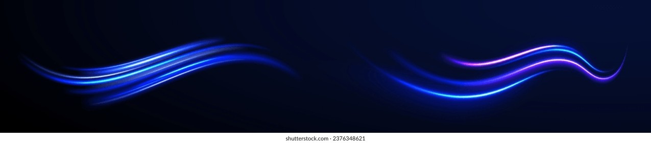Tecnología de movimiento dinámico futurista. Fondo vectorial de efecto de líneas brillantes azules. Círculo vectorial brillante. Ola futurista flash, espiral de neón. Giro violeta de onda de resplandor, líneas de cable de impulso. 
