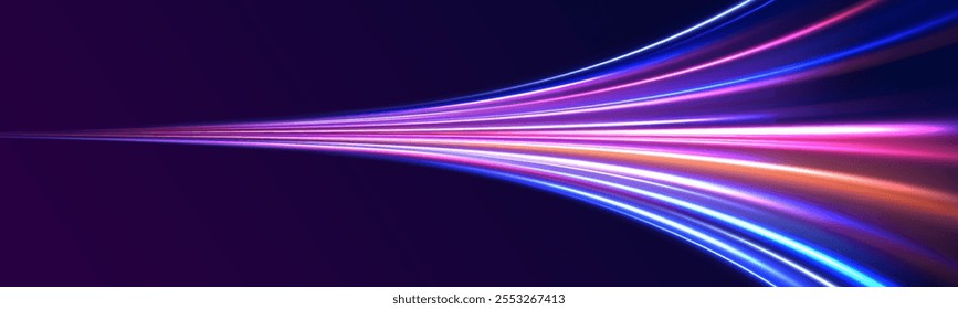 Futuristic dynamic motion technology blue glowing lines air flow effect.  Racing cars dynamic flash effects city road with long exposure. Horizontal speed lines connection vector background. 