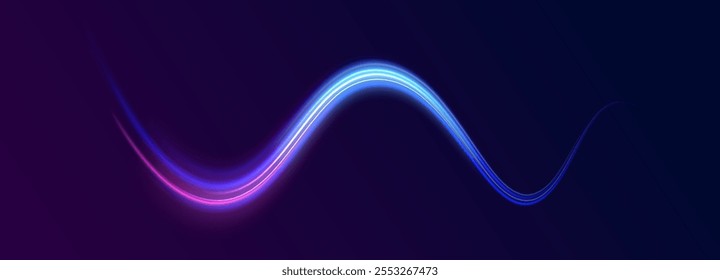 Tecnologia de movimento dinâmico futurista efeito de fluxo de ar de linhas brilhantes azuis.  Corridas carros efeitos dinâmicos flash estrada cidade com exposição longa. Plano de fundo do vetor de conexão das linhas de velocidade horizontais. 